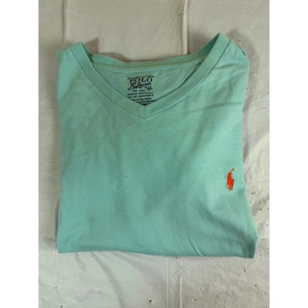 Polo Ralph Lauren Mens V-Neck T-Shirt Medium Aqua Blue Cotton Orange Pony Logo
